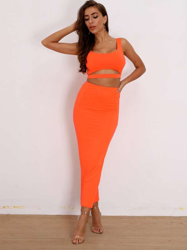 

Joyfunear Neon Orange Cut-out Tank Top & Pencil Skirt Set