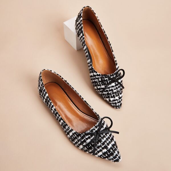 

Tweed Bow Front Ballet Flats, Black and white