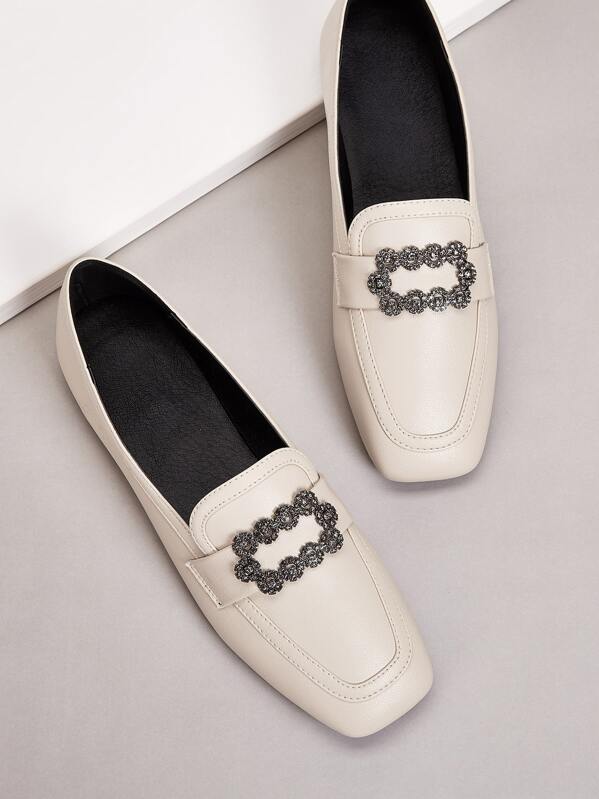 

Rhinestone & Metal Front Loafers, Beige