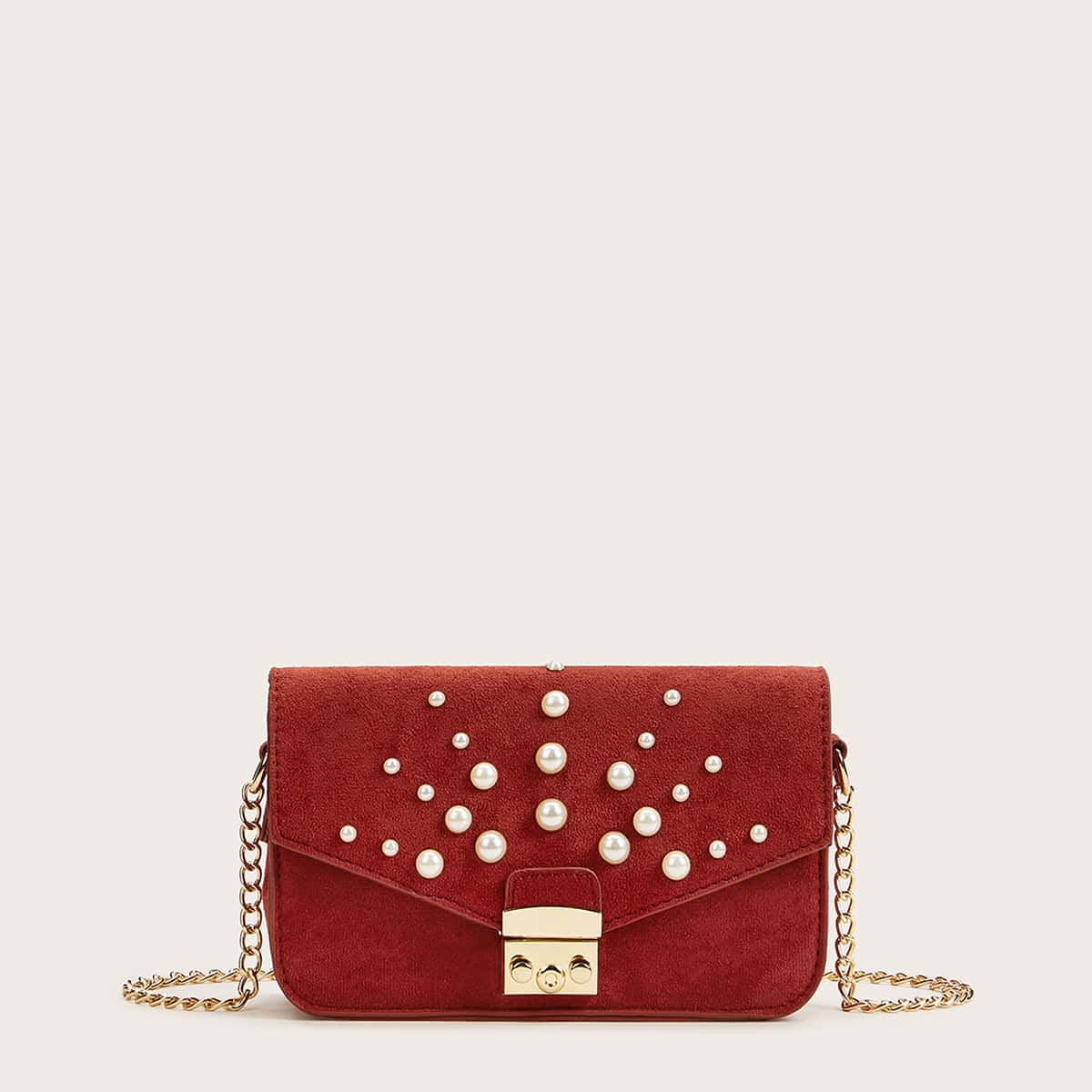 

Faux Pearl Decor Flap Chain Crossbody Bag, Red