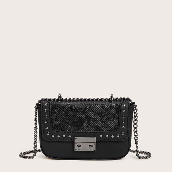 

Snakeskin Embossed Studded Decor Chain Crossbody Bag, Black
