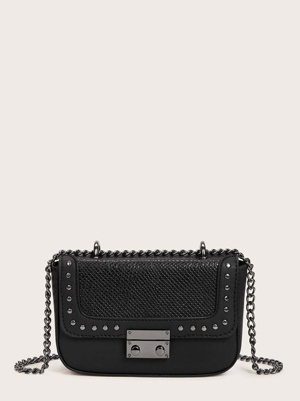 

Snakeskin Embossed Studded Decor Chain Crossbody Bag, Black