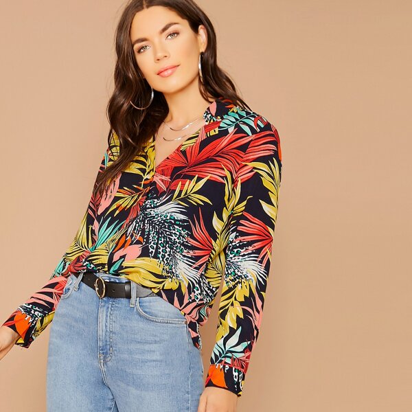 

Button Front Leaf Print Dip Hem Long Sleeve Shirt, Multicolor