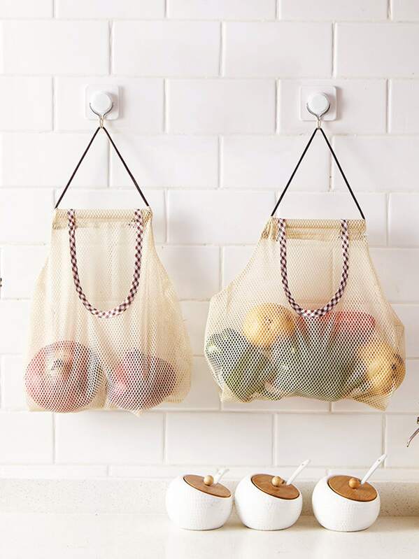 

1pc Kitchen Hanging Mesh Storage Bag, Beige
