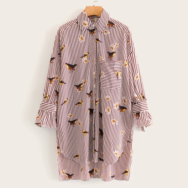 

Vertical Stripe Bird Print Longline Blouse, Brown