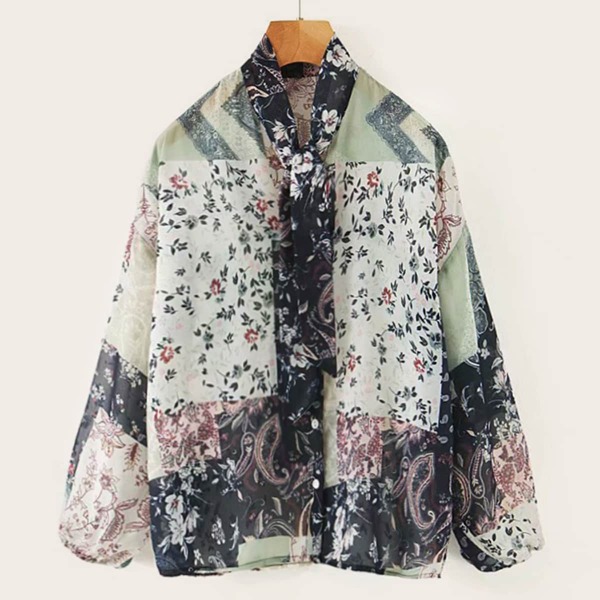 

Tie Neck Button Up Sheer Blouse, Multicolor