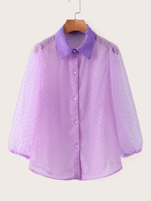 Bishop Sleeve Swiss Dot Sheer Mesh Blouse, Purple