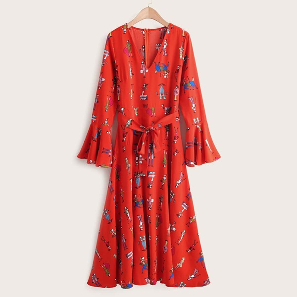 

Figure Graphic Self Tie Flounce Sleeve Dress
