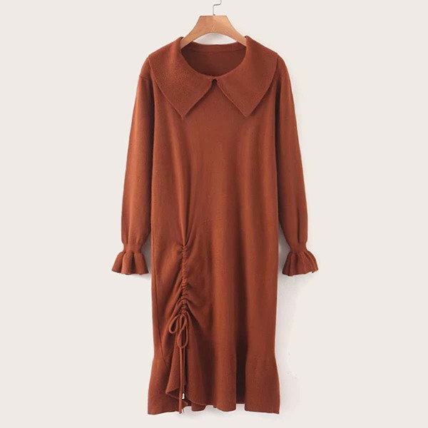 

Drawstring Hem Flounce Sleeve Sweater Dress, Brown