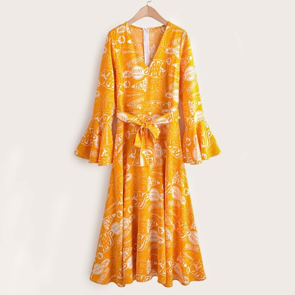 

Letter Graphic Flounce Sleeve Belted Dress