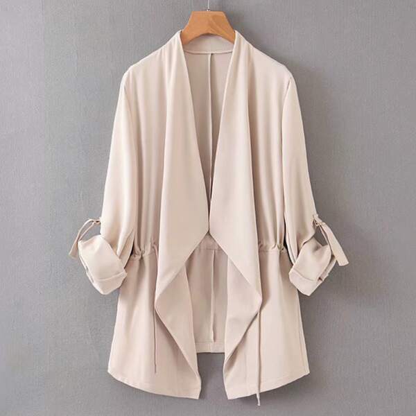 

Drawstring Waist Waterfall Open Front Coat, Beige
