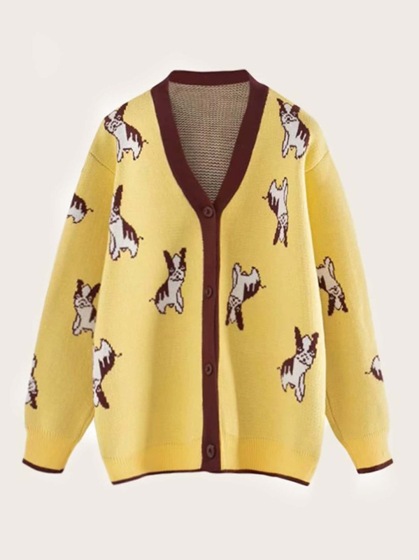 

Dog Graphic Contrast Trim Cardigan, Yellow