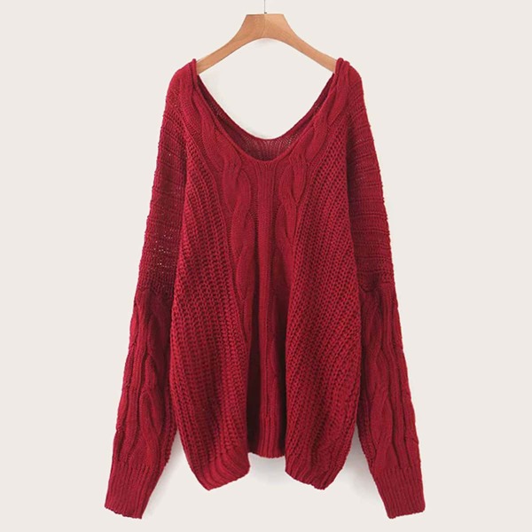 

Drop Shoulder Cable Knit V Neck Jumper, Burgundy