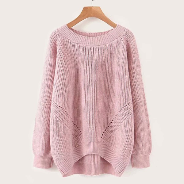 

Pointelle Knit Raglan Sleeve High Low Jumper, Pink