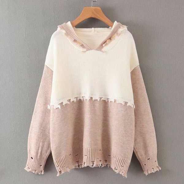 

Two Tone Raw Hem Hooded Sweater, Multicolor