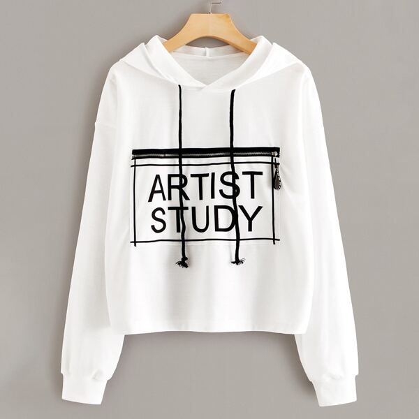 

Letter Graphic Zip Detail Drawstring Hoodie, White