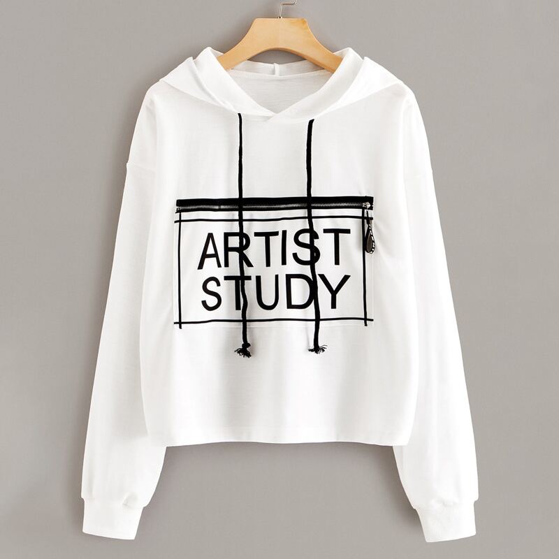 

Letter Graphic Zip Detail Drawstring Hoodie, White
