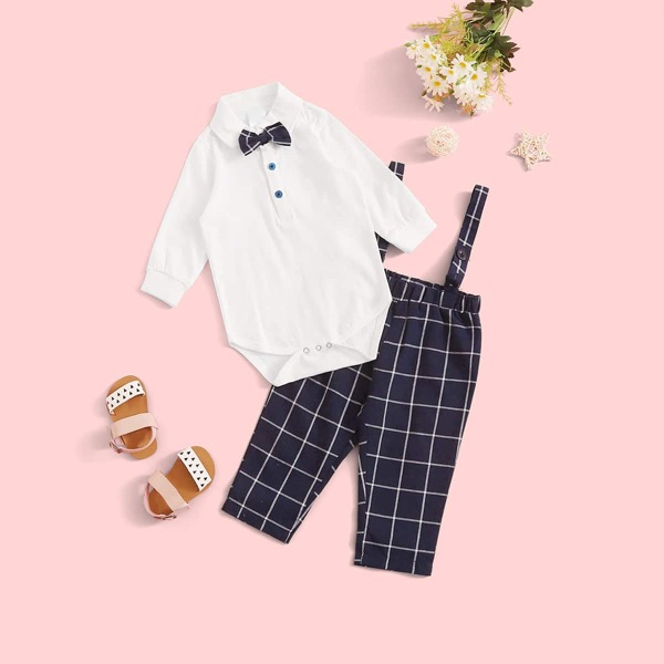

Baby Boy Bow Tie Polo Romper With Plaid Straps Pants, Multicolor