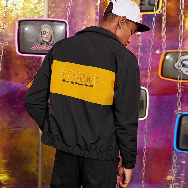 

Men Contrast Panel Embroidery Flap Pockets Cargo Jacket, Black