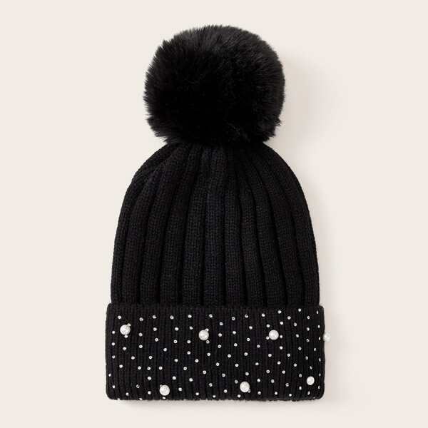 

Pom Pom&Pearls Decorated Beanie Hat, Black