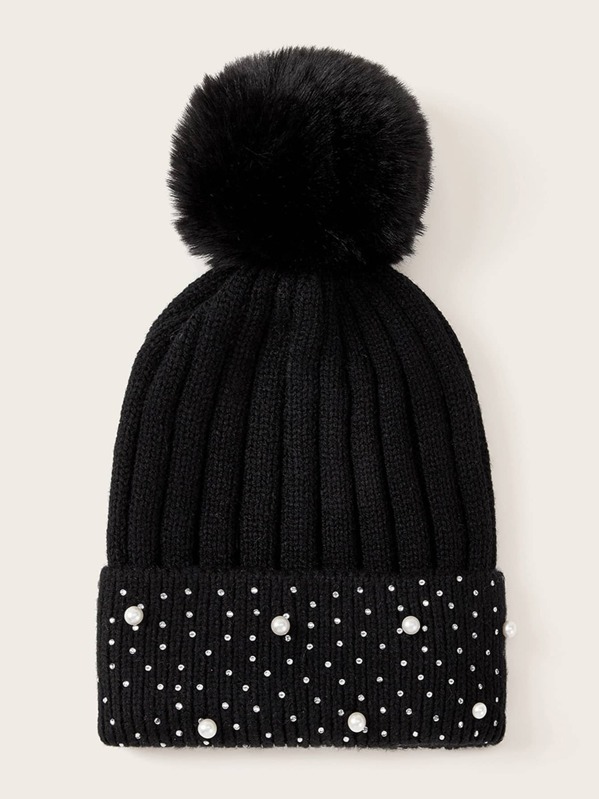 

Pom Pom&Pearls Decorated Beanie Hat, Black