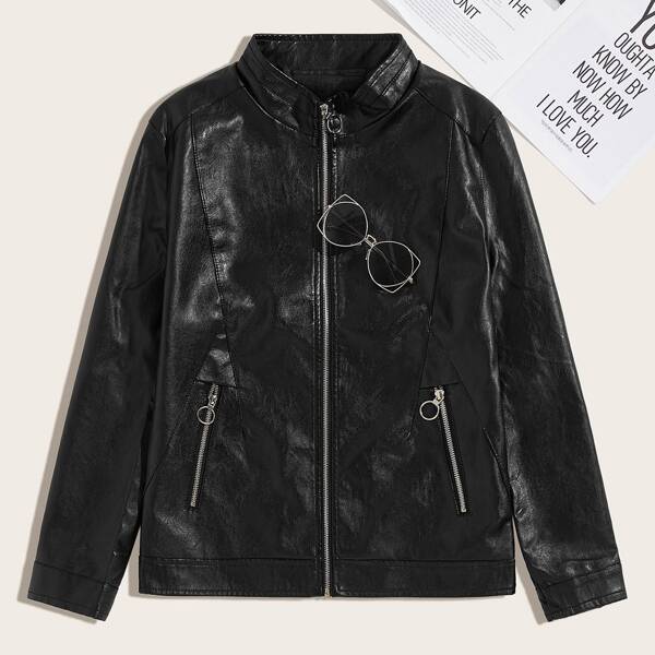 

Men Funnel Neck Zip Up PU Jacket, Black