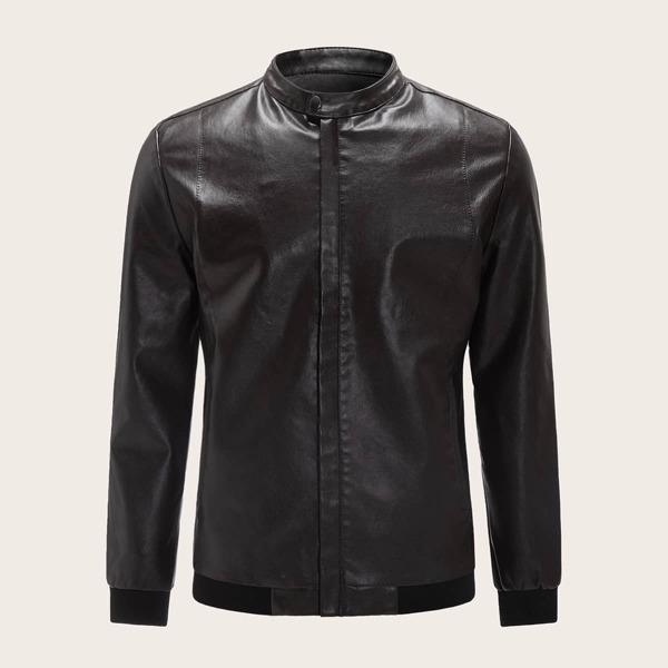 

Men Funnel Neck PU Biker Jacket, Brown