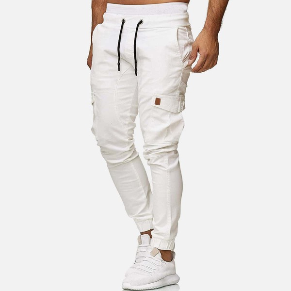 

Men Drawstring Waist Cargo Pants, White