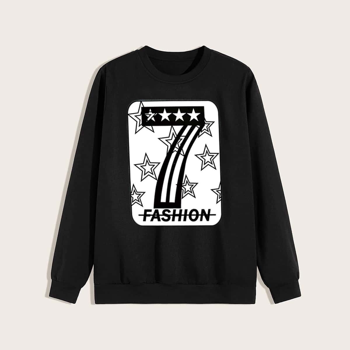 Guys Letter & Star Print Sweatshirt, Black