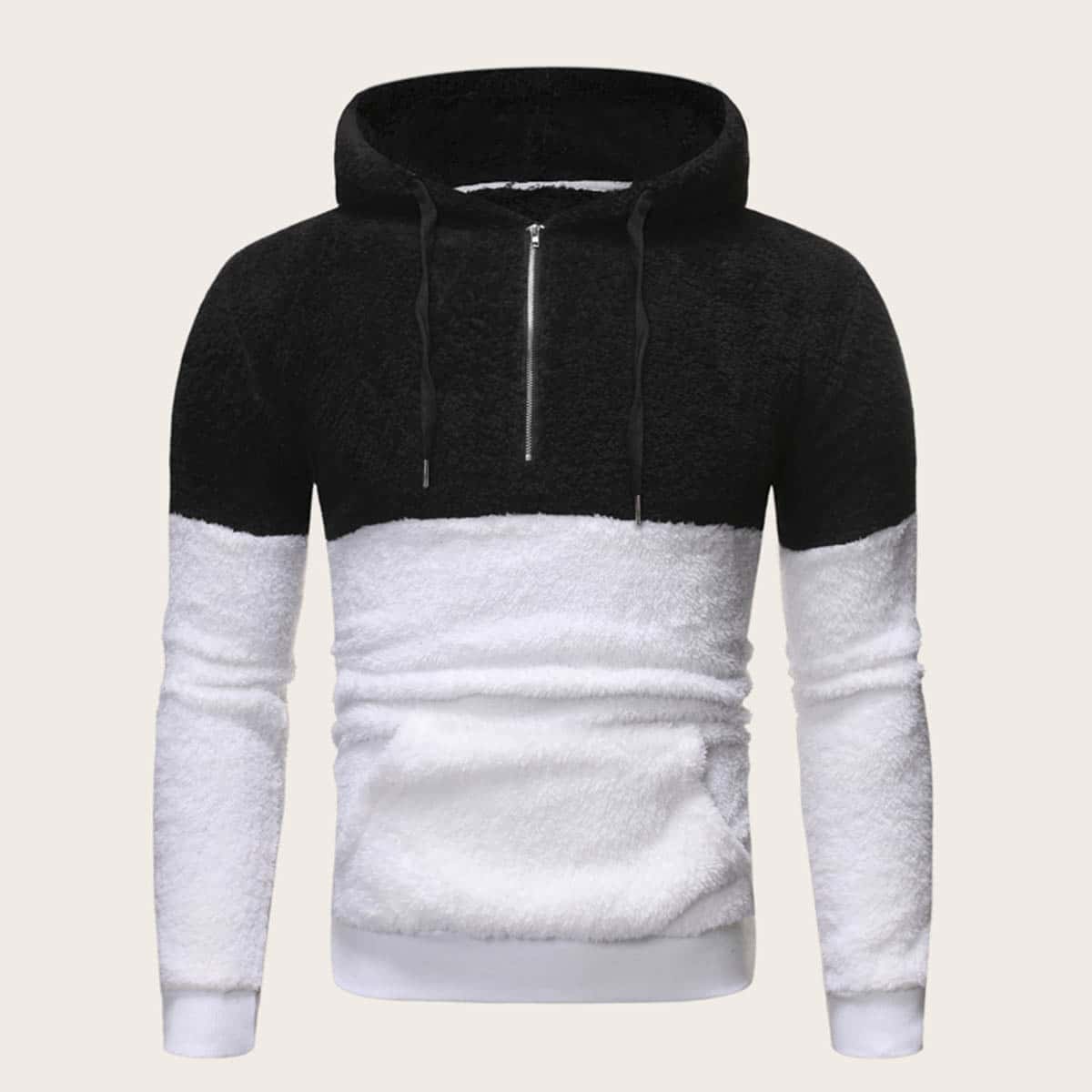 

Guys Two Tone Half Zip Teddy Hoodie, Black and white