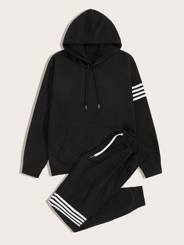 

Men Stripe Tape Drawstring Hoodie & Sweatpants, Black