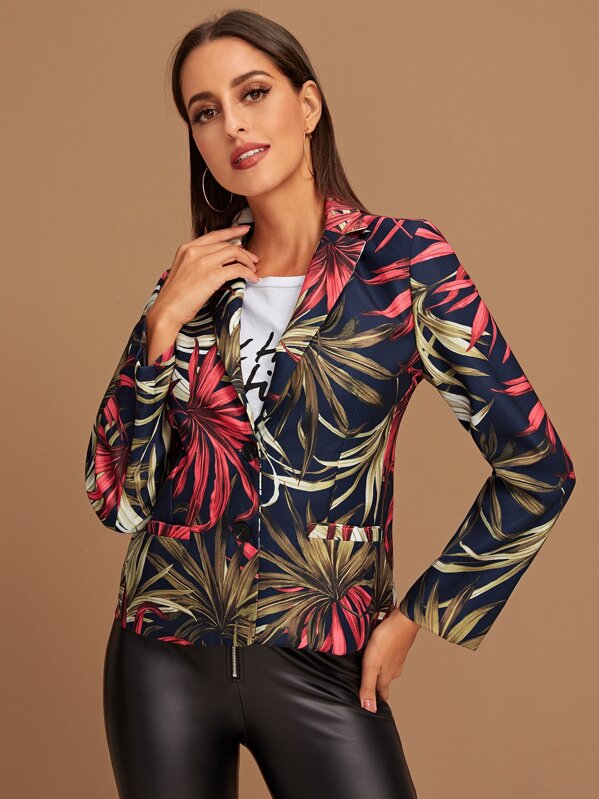 

Plants Print Single Breasted Blazer, Multicolor, Mary P.