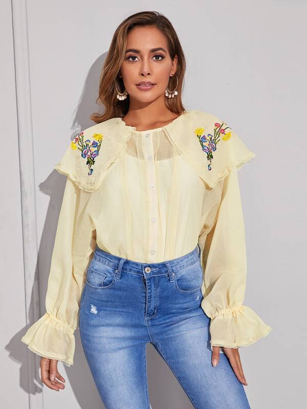 

Floral Embroidery Sheer Babydoll Blouse, Yellow, Giulia
