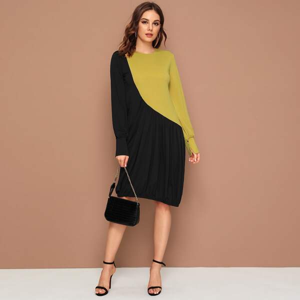 

Two Tone Elastic Hem Midi Dress, Multicolor
