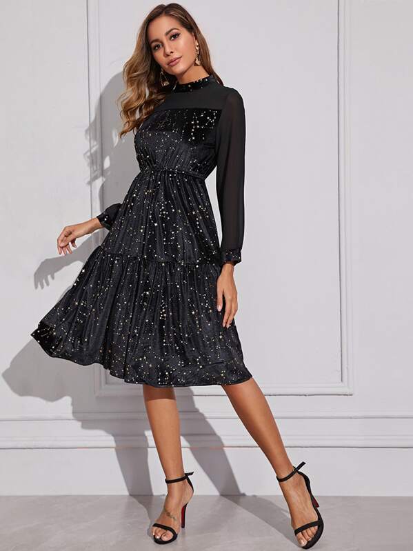 

Ruffle Hem Galaxy Print Velvet Dress, Black, Giulia