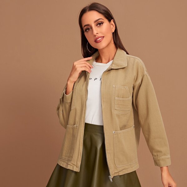 

Flap Pocket Zip Up Denim Jacket, Khaki