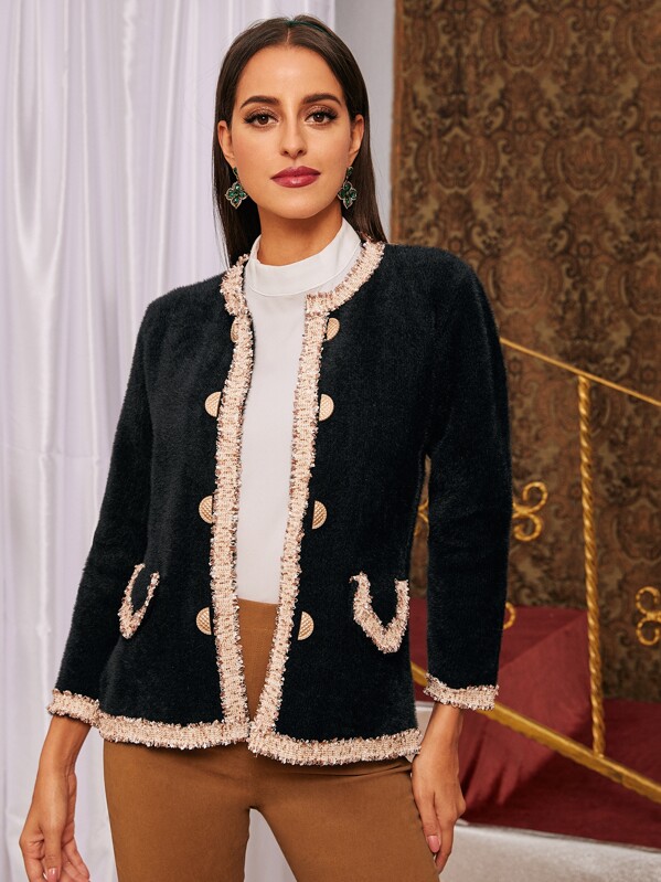 

Contrast Binding Fluffy Knit Cardigan, Black, Mary P.