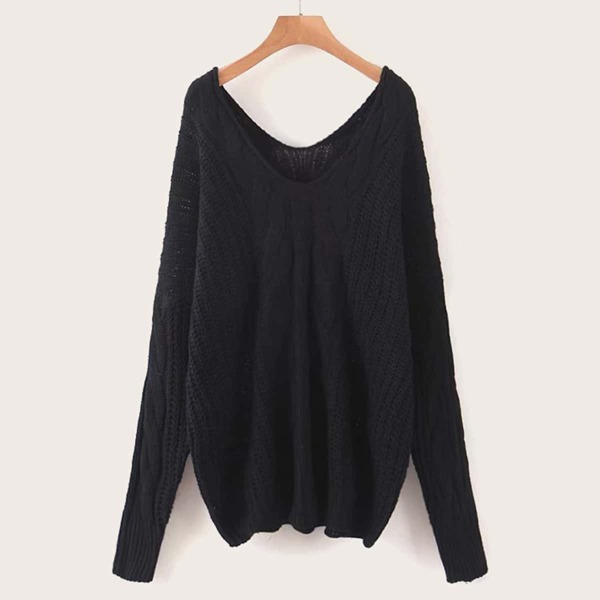 

V-neck Cable Knit Oversized Sweater, Black