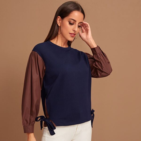 

Contrast Sleeve Tie Side Sweatshirt