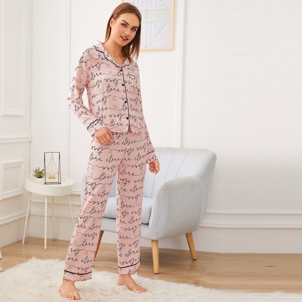 

Letter Print Button-up Satin Pajama Set, Pink