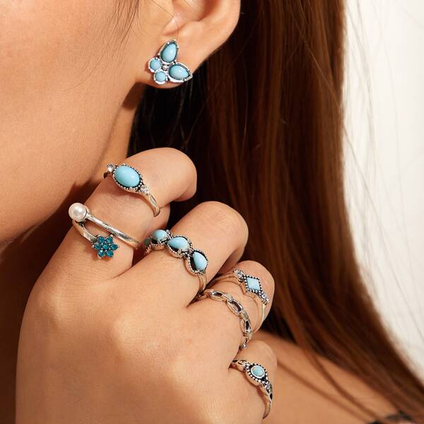 

8pcs Pearl & Gemstone Decor Ring & Earrings