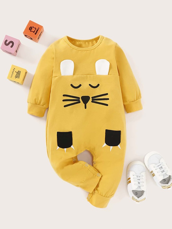 

Baby Boy Cartoon Graphic Ear Patched Jumpsuit, Yellow