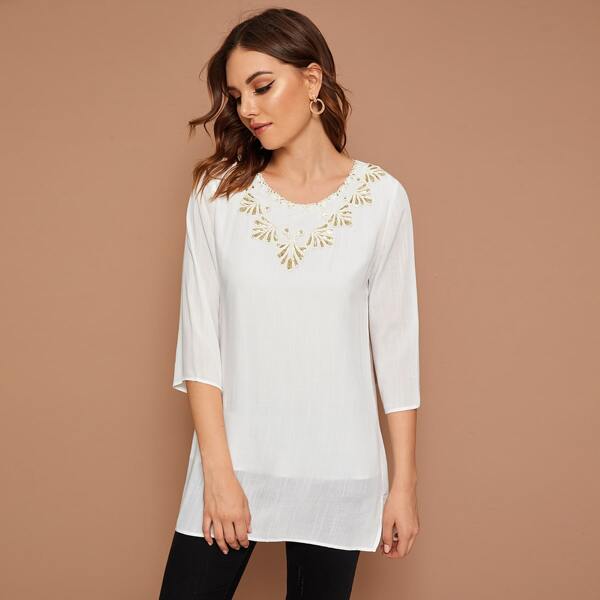 

Embroidery Side Split Longline Blouse, White