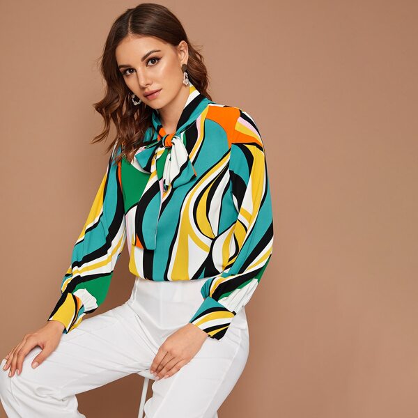

Colorful Geo Print Tie Neck Blouse, Multicolor