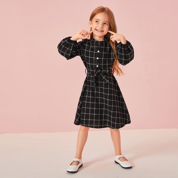 

Toddler Girls Bishop Sleeve Self Tie Plaid Dress, Black
