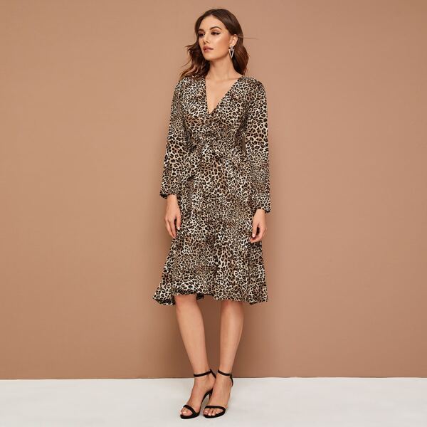 

Leopard Print Surplice Front Belted Dress, Multicolor