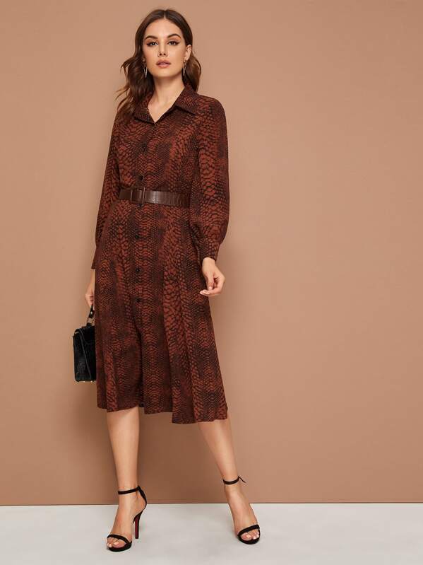 

Snakeskin Print Belted Shirt Dress, Brown, Vlada