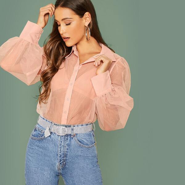 

Lantern Sleeve Organza Sheer Blouse Without Bra, Pink pastel