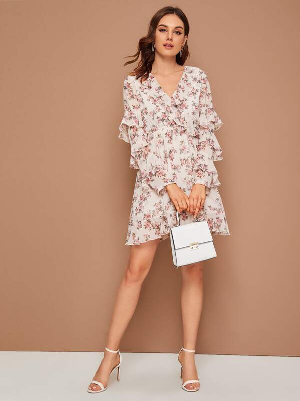 

Floral Print Ruffle Trim Chiffon Dress, Multicolor, Vlada