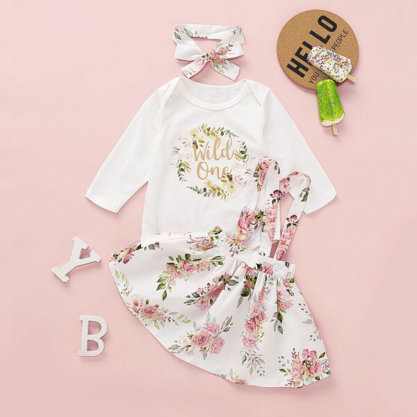 

Baby Girl Letter Popper Romper & Allover Floral Pinafore Skirt & Headband, Multicolor